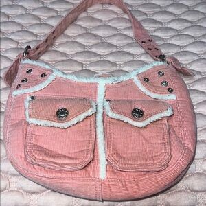 pink corduroy & faux fur purse